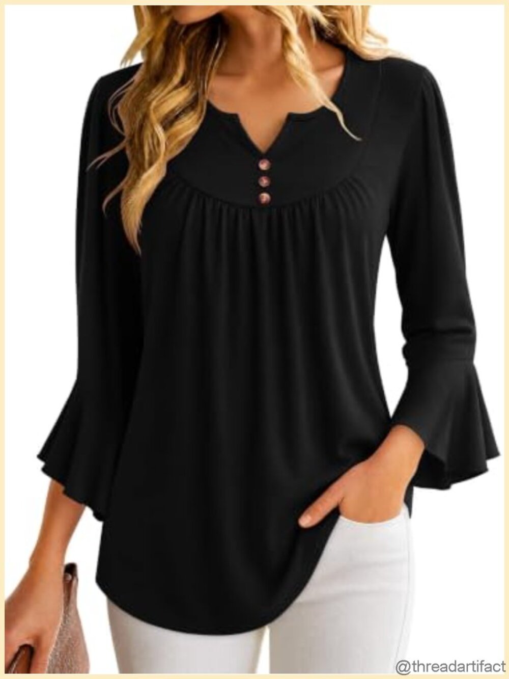 Women's Floral Tunic Top 3/4 Bell Sleeve V Neck Dressy Blouse